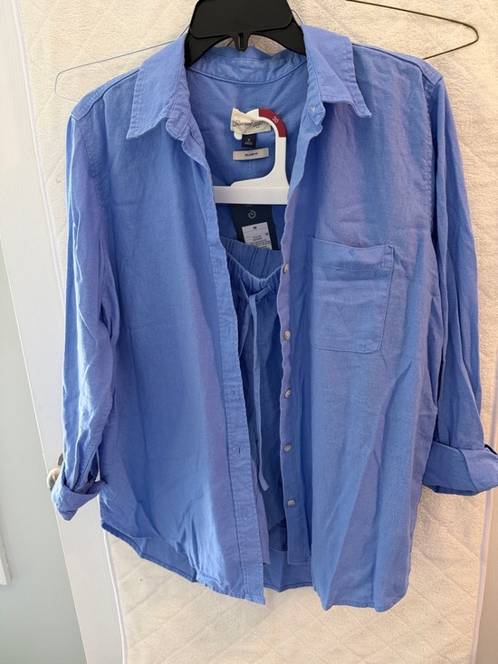 Universal Thread Tops - Universal Thread Blue Relaxed Linen Button-Up Shirt with Matching Shorts Set